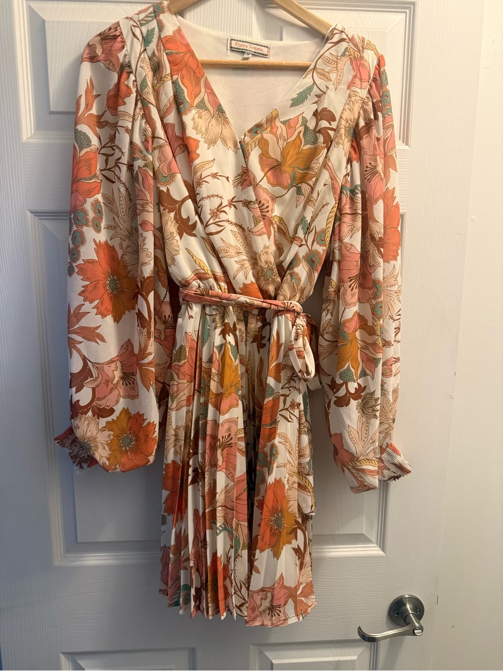 Flying Tomato Cream Floral Wrap Dress with Coral and Orange Accents